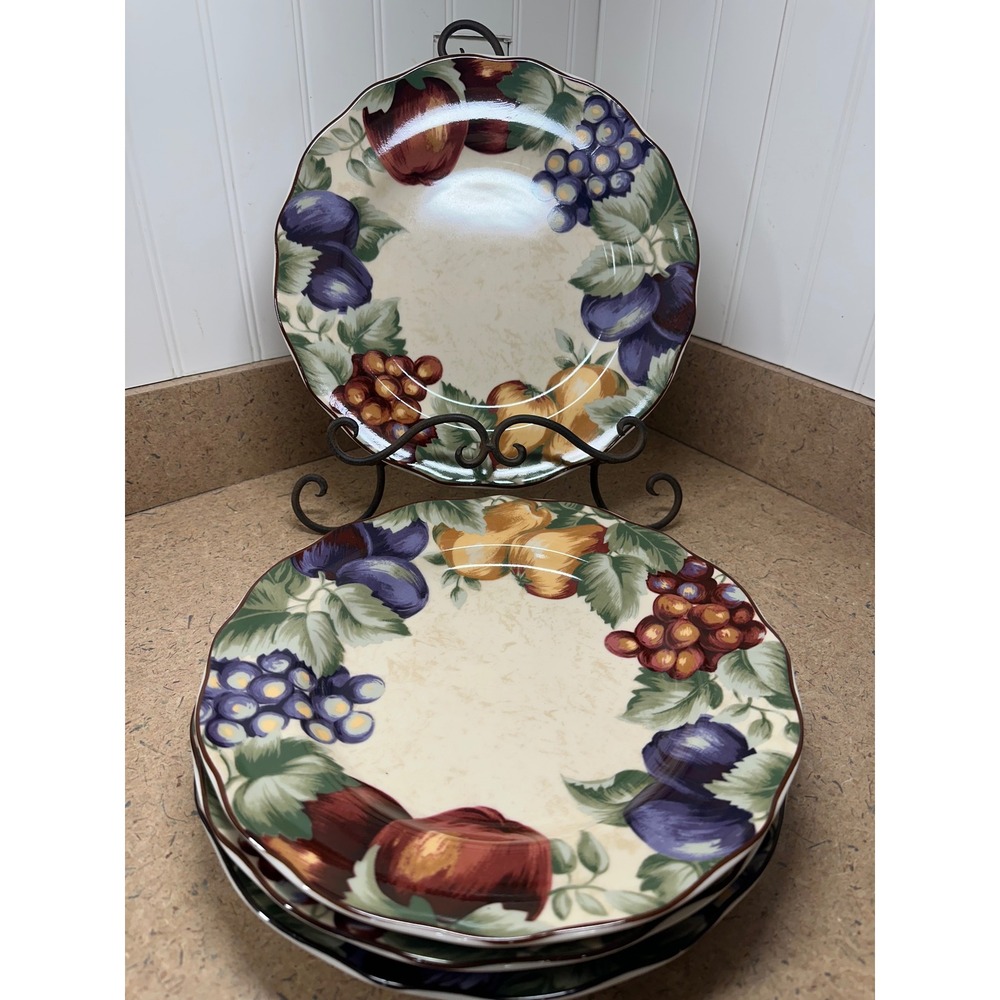Napa Valley Noble Excellence Set of 4 Dinner Plates Fruit Grapes Pears Stoneware
